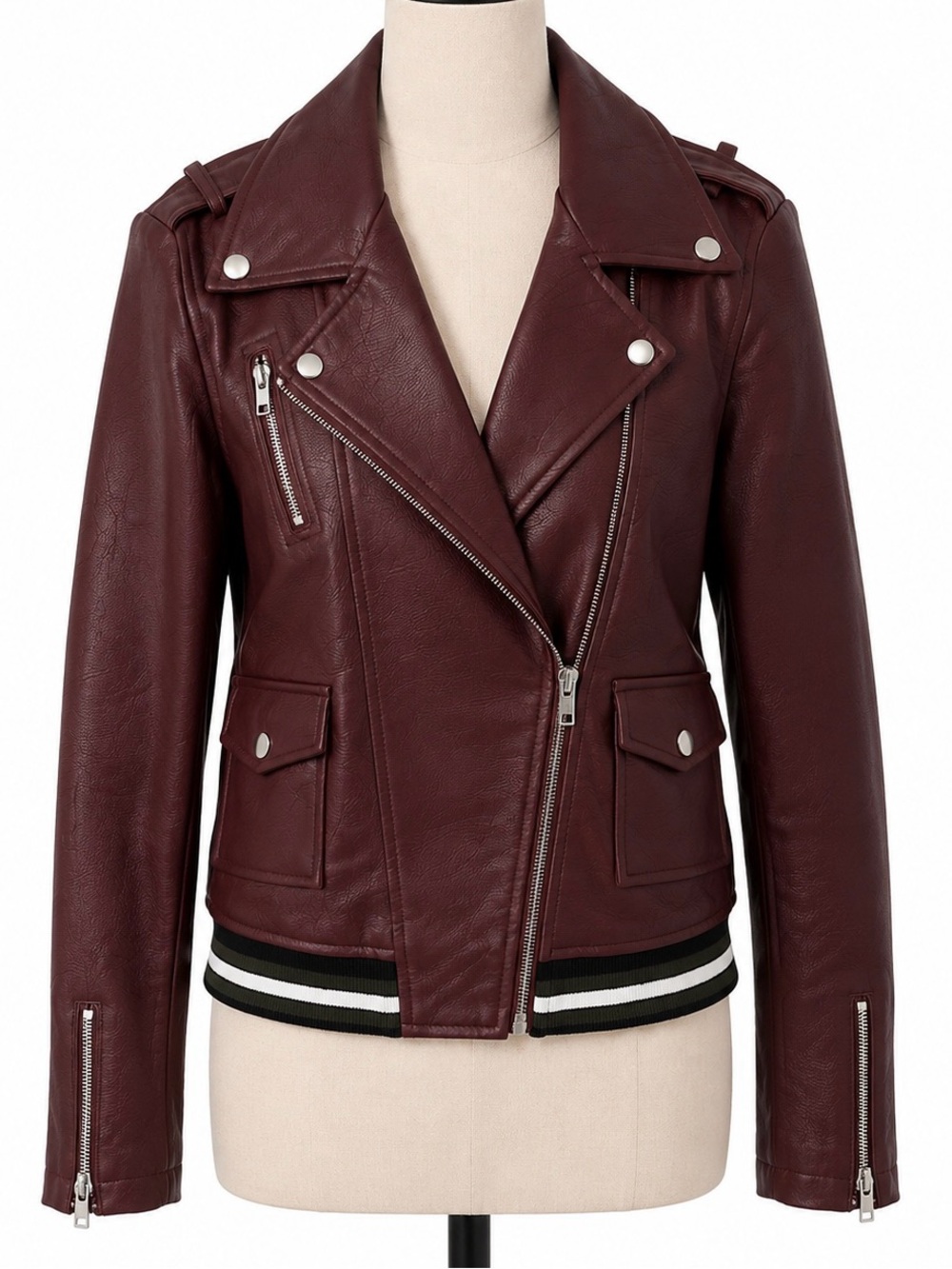Women's Burgundy Faux Leather Moto Jacket